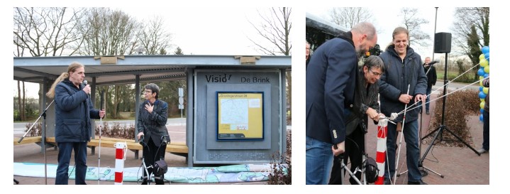 Jetta Klijnsma opent de nieuwe en toegankelijke ov-halte bij Visio De Brink samen met Gijs Hulscher, blind, busreiziger en receptionist bij De Brink